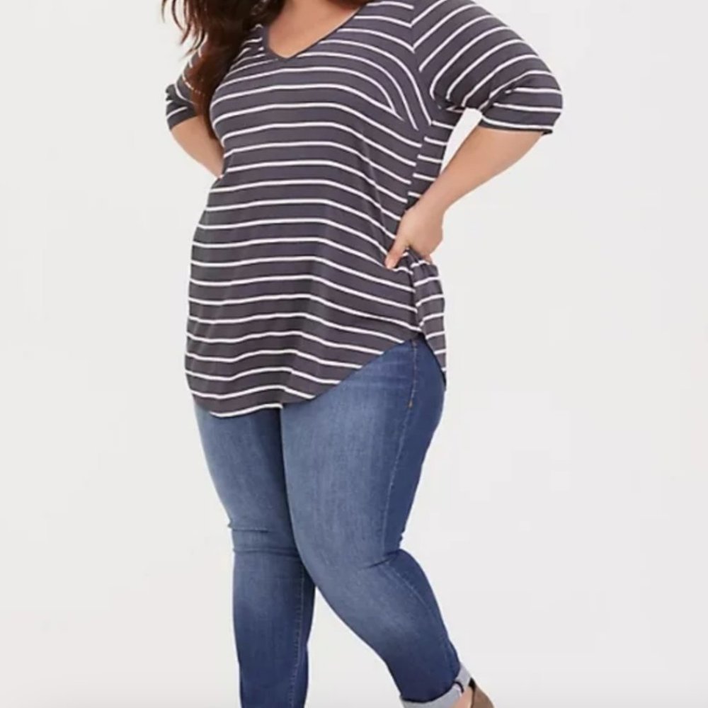 Torrid Gray & Pink Stripe Stretch V Neck Tunic Tee